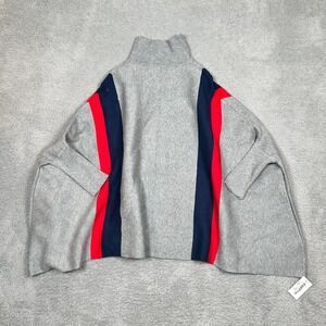 Toss‎ Designs Women's Gray Knit Poncho Cape Sweater Red Navy Blue Stripes